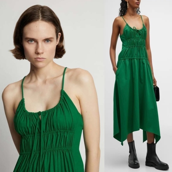 PROENZA SCHOULER Emerald Crepe Ruched Smocked Tie Front Sleeveless Midi Dress 10 - Picture 5 of 16